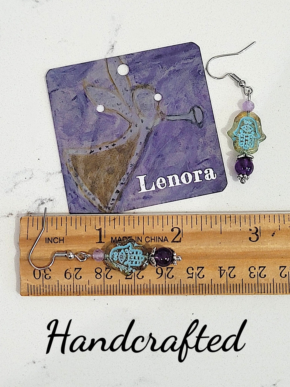 Hand Crafted Turquoise and Purple Czech Glass Hamsa Dangle Amethyst Earrings - Picture 5 of 11